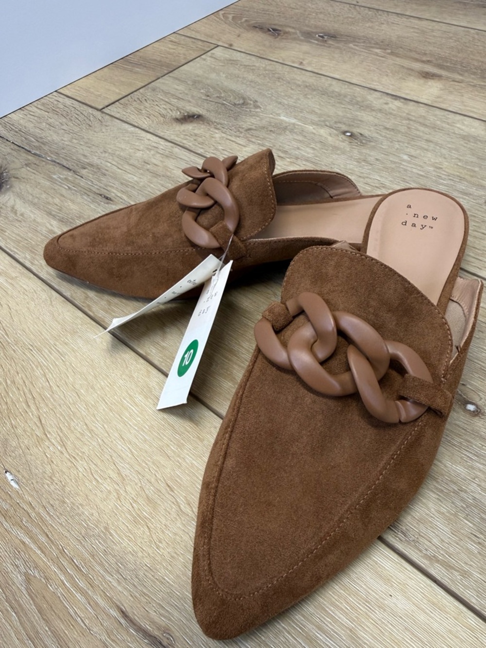 A New Day Brown Suede Chain-Accent Pointed Mules Women’s 10 Slip On Office - Picture 7 of 8